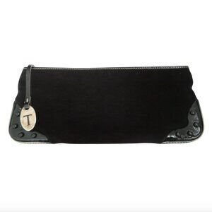 TOD'S black suede & patent leather zip clutch bag with studs